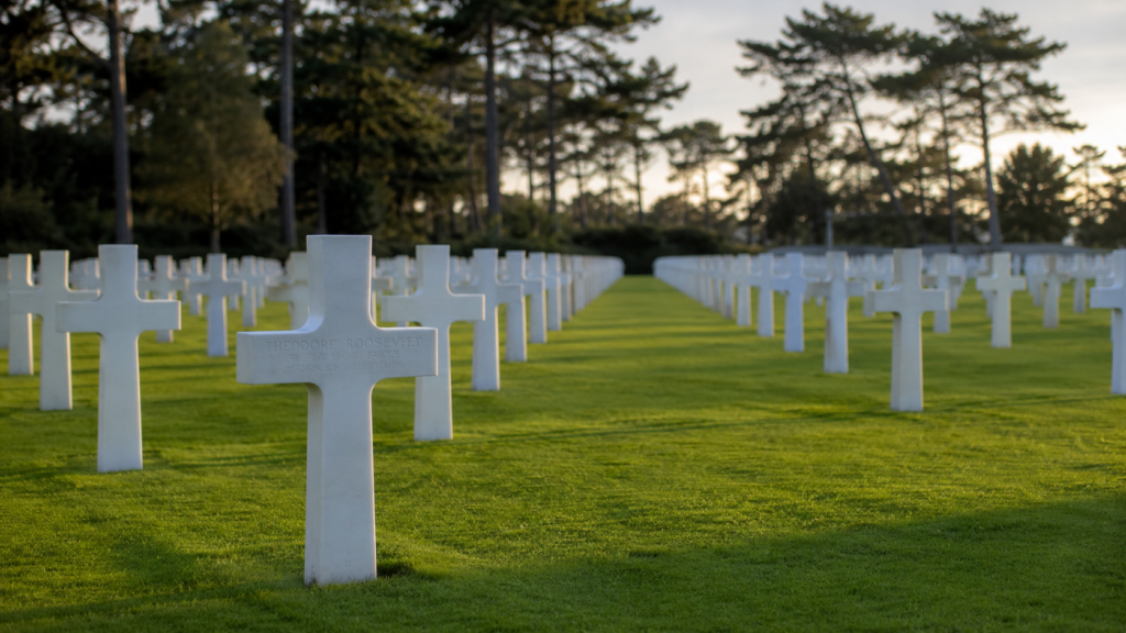 Rows of white crosses at the Normandy American Cemetery overlooking Omaha Beach