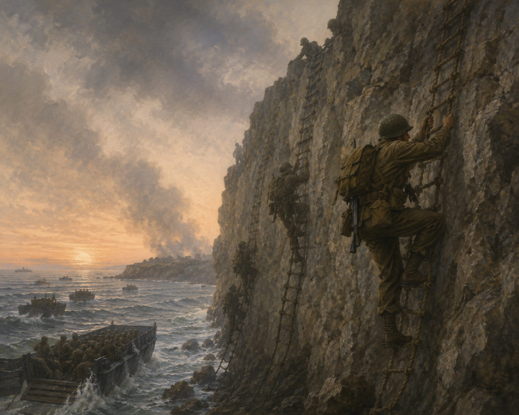 Illustration of US Rangers scaling the cliffs of Pointe du Hoc on D-Day