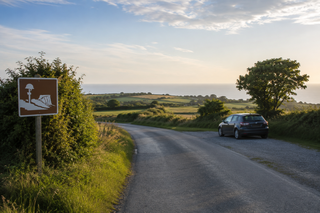A quiet coastal road in Normandy on the D-Day battlefield driving route