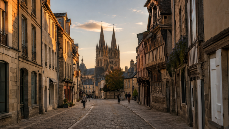 Cobblestone street in Bayeux, Normandy, with the cathedral spires in the background at golden hour