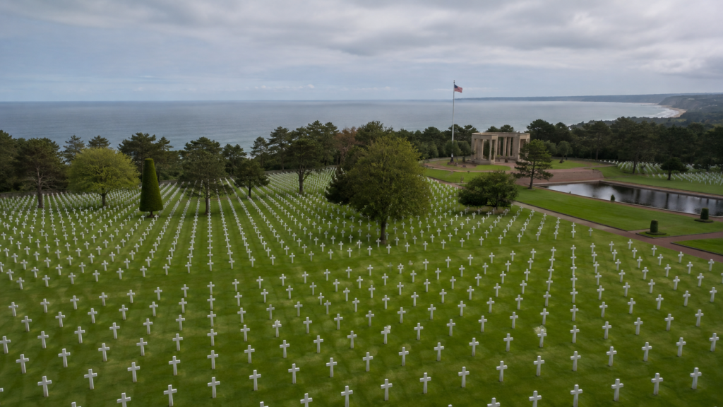 Aerial view of the Normandy American Cemetery at Colleville-sur-Mer overlooking the English Channel