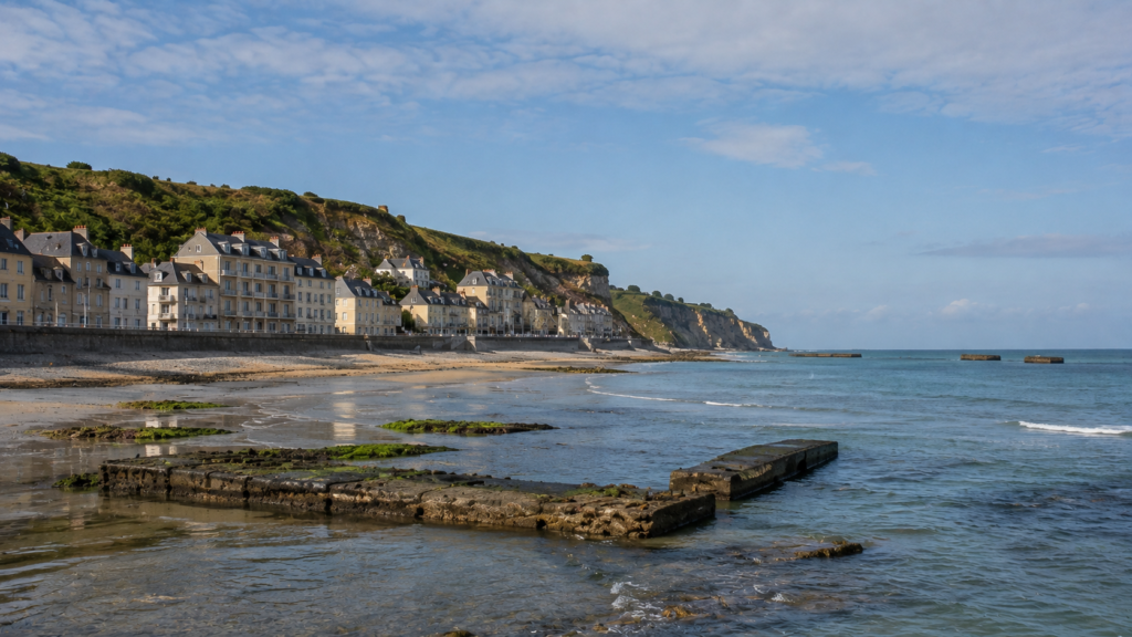 Remains of the Mulberry Harbour visible offshore at Arromanches-les-Bains, Normandy