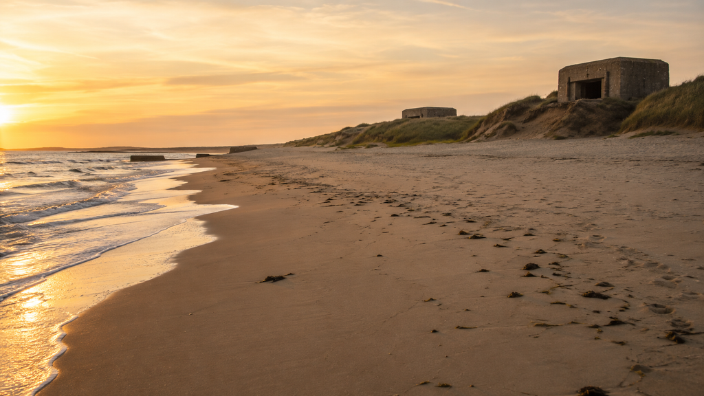 Wide view of a Normandy D-Day landing beach at golden hour with wartime bunker remains visible on the dunes.