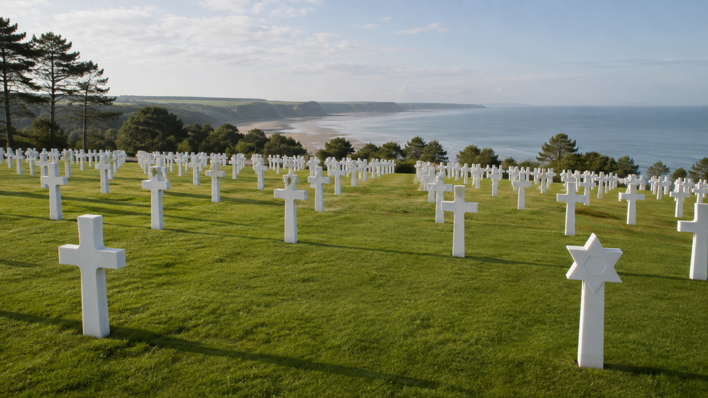 Rows of white grave markers at a Normandy war cemetery overlooking the coastline in soft morning light.