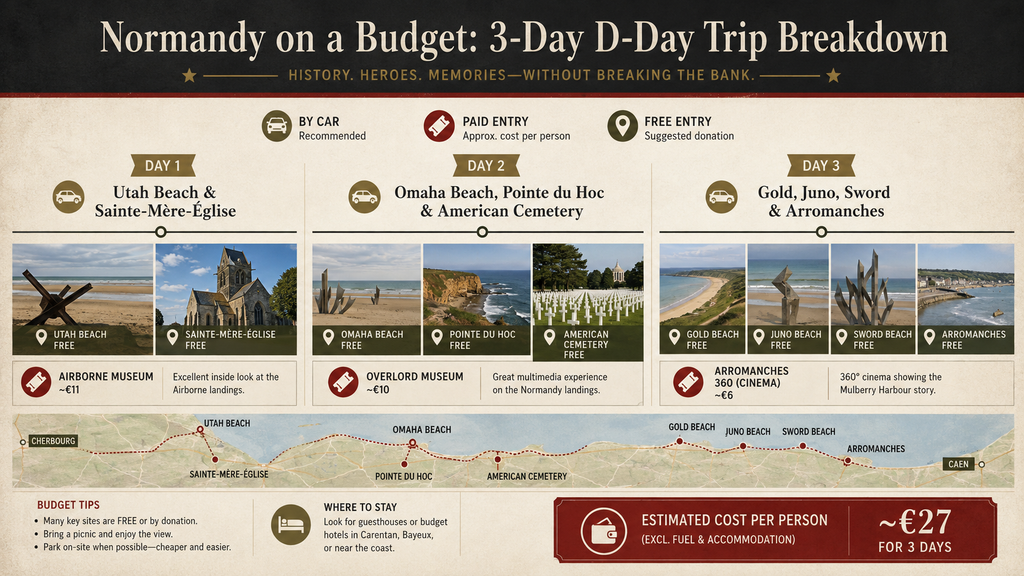 Horizontal infographic showing a 3-day self-guided D-Day itinerary across Normandy, with daily site breakdowns and a rough cost summary.