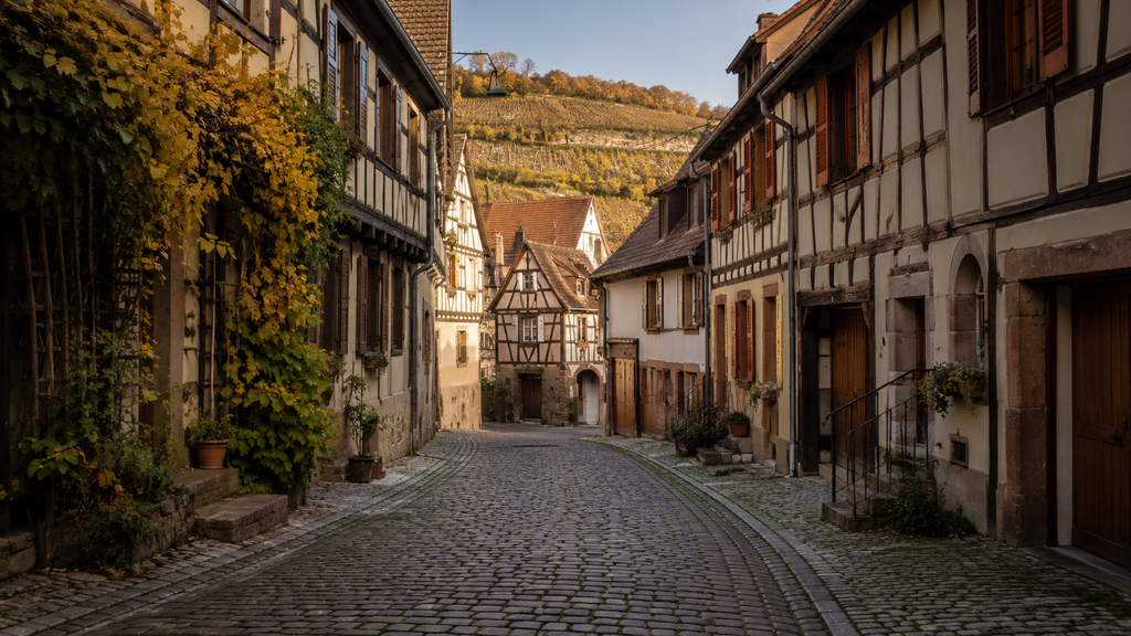 Historic Alsace village street in eastern France