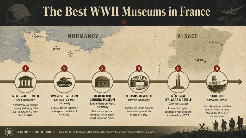 Infographic mapping a road trip route to the best WWII museums in France