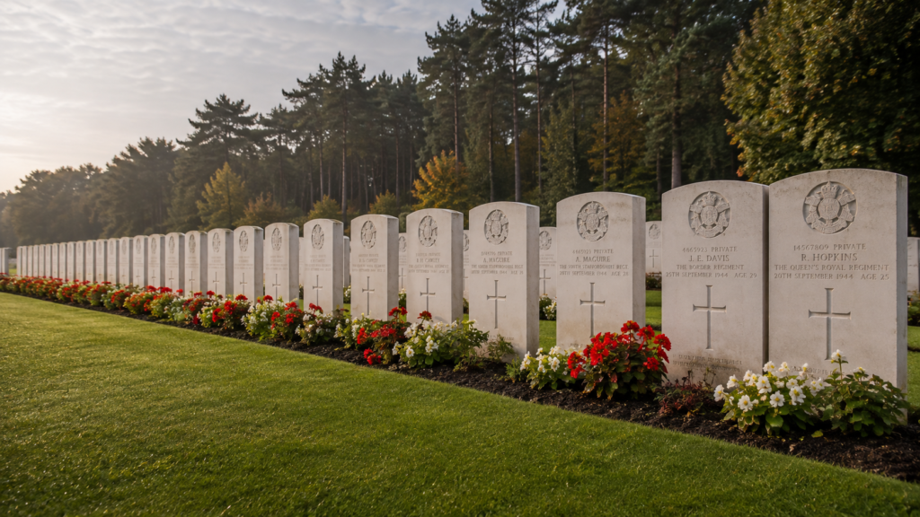 Rows of headstones at the Arnhem Oosterbeek War Cemetery, resting place of nearly 1,700 airborne soldiers.