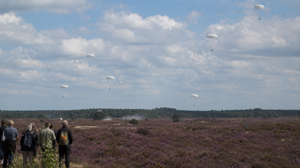 Parachutists descending over Ginkel Heath near Ede during the annual Operation Market Garden commemorations.