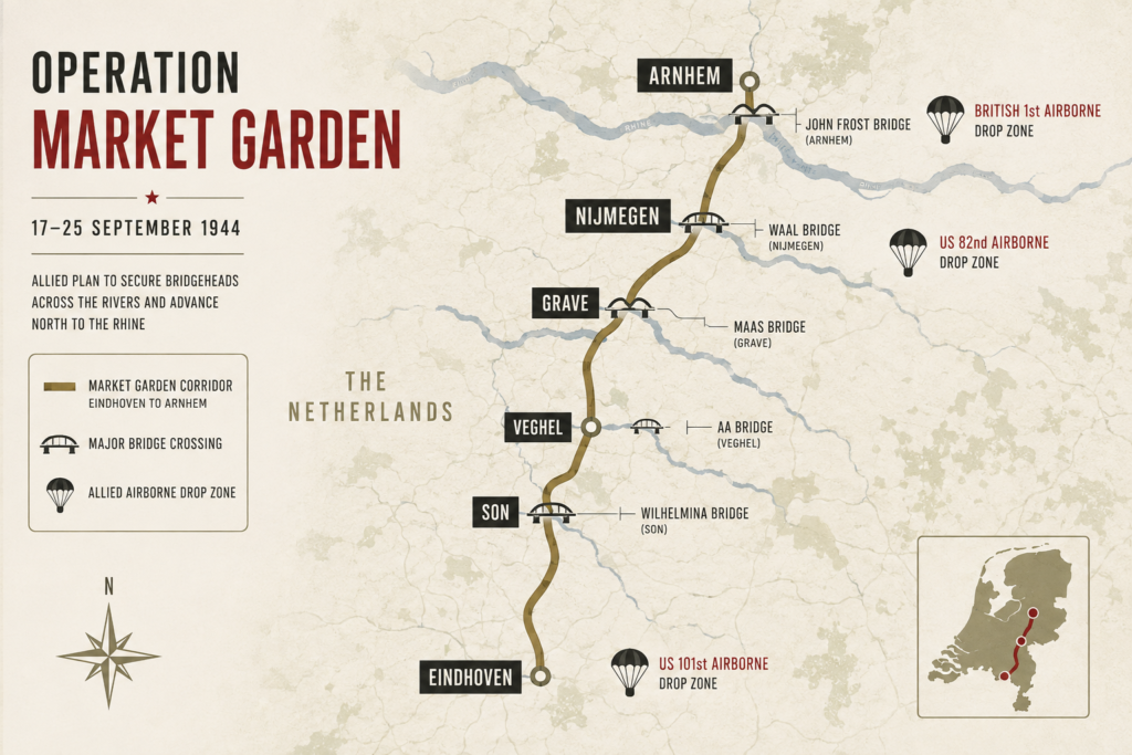 Infographic map of the Operation Market Garden corridor from Eindhoven to Arnhem, showing the bridges and the three Allied airborne drop zones.
