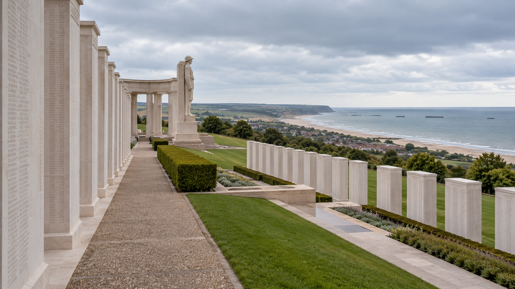 Rows of white columns at the British Normandy Memorial overlooking Gold Beach.