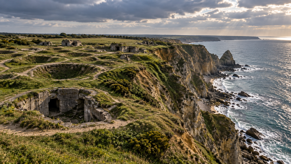 Preserved bomb craters and bunker remains at the Pointe du Hoc cliff-top battlefield.