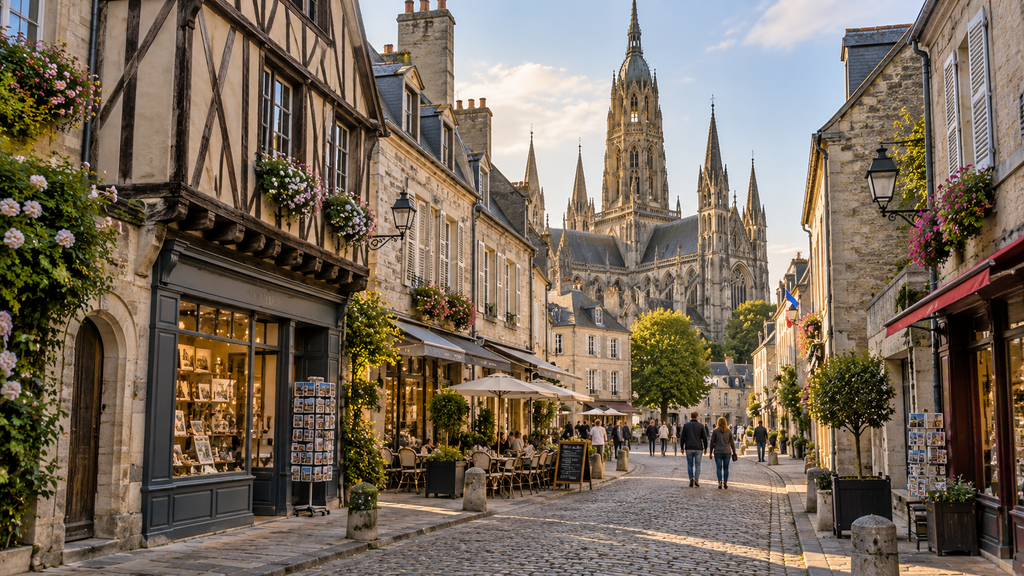 Cobbled street in the historic town of Bayeux with the cathedral spire in the background.